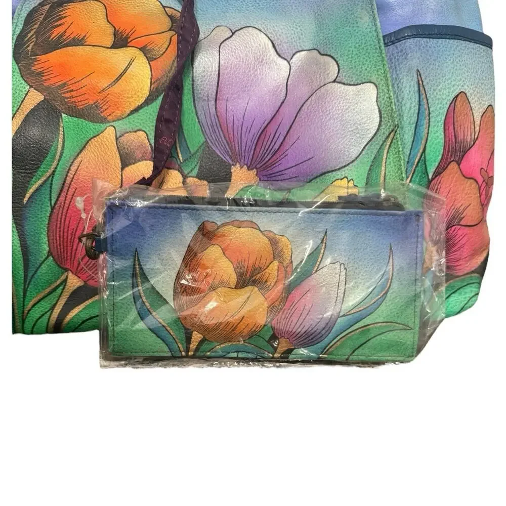 NWT! Anuschka Hand Painted Tulips Leather Hobo Handbag with Card Wallet